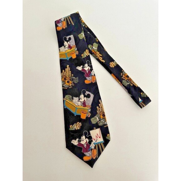 Disney Mickey Mouse Silk Tie Money Office Stock Market Black Workwear Vintage - Picture 1 of 5
